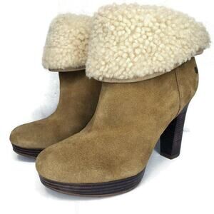 UGG Womens Ankle Boots Brown Suede Dandylion Shearling Cuff Size 6 Heel Platform